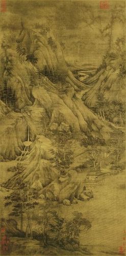 董源 《溪岸圖》 絹本設(shè)色 221.5×110厘米 美國紐約大都會博物館藏