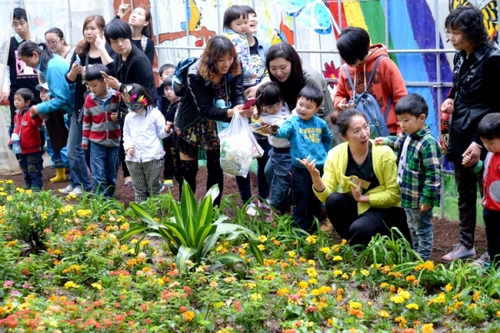 4月27日，游客在“蝴蝶谷”觀賞花叢中的蝴蝶。