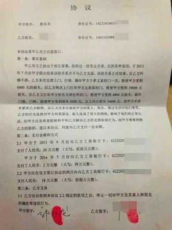 男女雙方簽署的協(xié)議書。