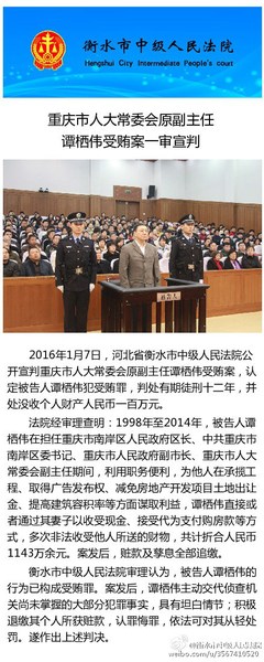 重慶市人大原副主任譚棲偉受賄1143萬(wàn)獲刑12年