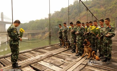 2016年3月29日，云南瑞麗，邊防大隊江橋警犬復訓基地的官兵在警犬墓群前，帶著警犬列隊，悼念特殊的“警犬戰(zhàn)友”，敬獻花環(huán)。脫帽、默哀、敬禮，簡單的儀式承載了官兵與警犬之間深厚的戰(zhàn)友情誼。11年來，這個基地先后有12頭警犬光榮地完成使命，葬在山頭。