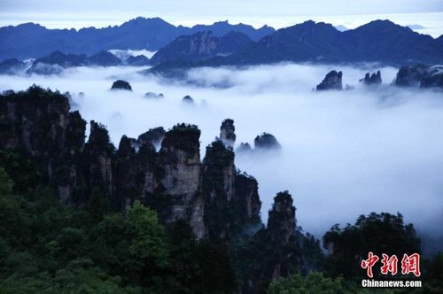 飄渺無形的云海穿梭在連綿峰林間，奇美無比。3