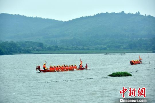 資料圖：江南水鄉(xiāng)端午節(jié)前龍舟“發(fā)船” 祈風(fēng)調(diào)雨順。龍舟在湖中辟波斬浪?！∪f朝暉 攝