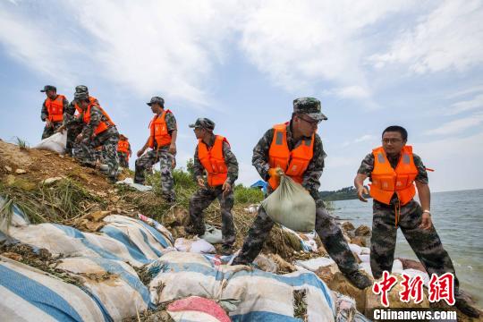 資料圖片，民兵應(yīng)急分隊(duì)冒著酷熱進(jìn)行堤壩加固?！「到ū?攝