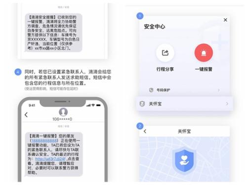 滴滴出行APP“一鍵報警”及相關(guān)短信展示。截圖