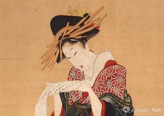 《藝妓讀信》局部，喜多川歌麿  （？-1806），彩色木刻版畫，約1805—1806年