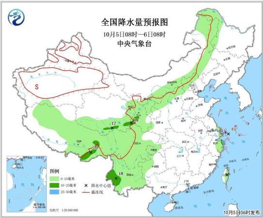 圖2 全國(guó)降水量預(yù)報(bào)圖(10月5日08時(shí)-6日08時(shí))