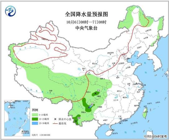 圖3 全國(guó)降水量預(yù)報(bào)圖(10月6日08時(shí)-7日08時(shí))