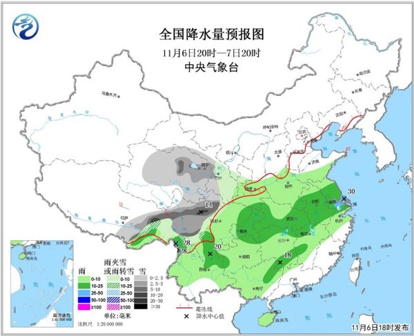 圖1 全國降水量預(yù)報圖（11月6日20時-7日20時）