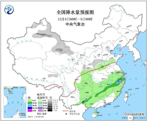 圖1 全國降水量預(yù)報(bào)圖(12月4日08時(shí)-5日08時(shí))