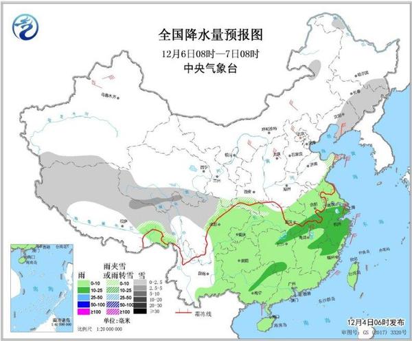 圖3 全國降水量預(yù)報(bào)圖(12月6日08時(shí)-7日08時(shí))