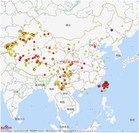 2018年全國3級及以上地震分布圖(四級以上紅色標(biāo)注)。圖片來源：中國地震臺網(wǎng)微信公眾號