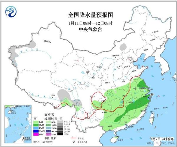 圖4 全國(guó)降水量預(yù)報(bào)圖(1月11日08時(shí)-12日08時(shí))