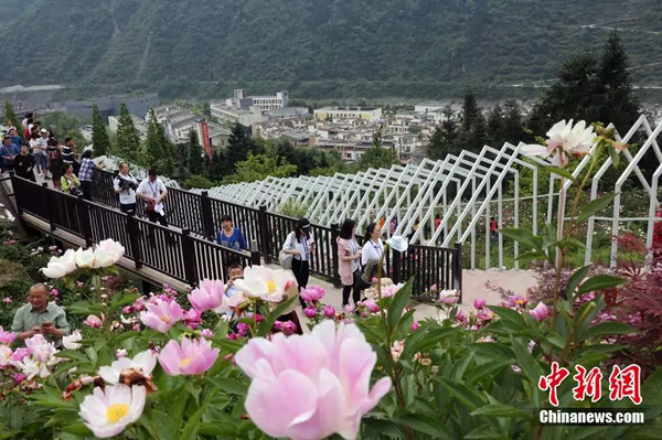 2018年4月30日，汶川青山綠水鮮花盛開，吸引游客觀光。 中新社記者 任海霞 攝