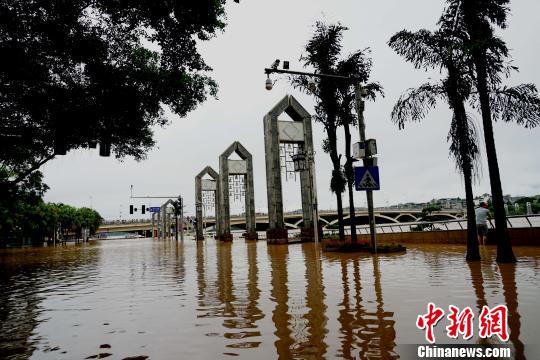 圖為上漲的漓江水漫過(guò)桂林解放橋?yàn)I江路。　唐夢(mèng)憲 攝