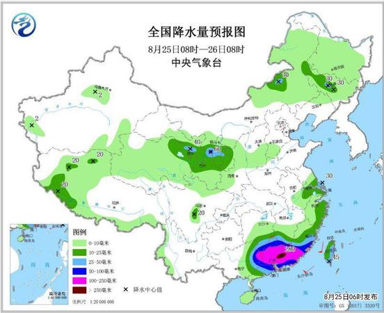 圖3 全國(guó)降水量預(yù)報(bào)圖(8月25日08時(shí)-26日08時(shí))