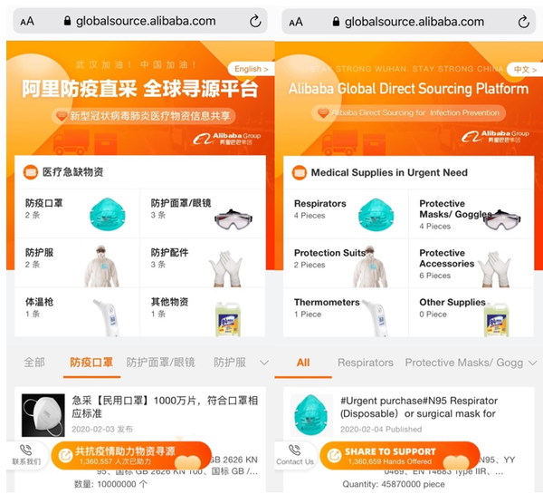 阿里巴巴呼吁全球中小企業(yè)共同抗疫，開通“防疫直采全球?qū)ぴ雌脚_(tái)”