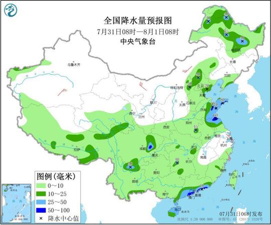 圖1 全國降水量預(yù)報(bào)圖（7月31日08時(shí)-8月1日08時(shí)）