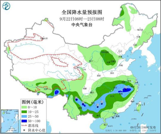 圖3 全國降水量預報圖(9月22日08時-23日08時)