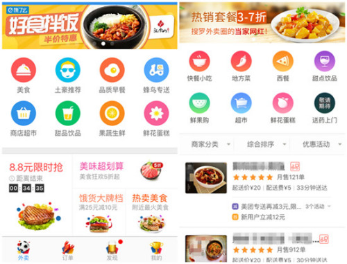 餓了么(左)與美團訂餐APP界面。